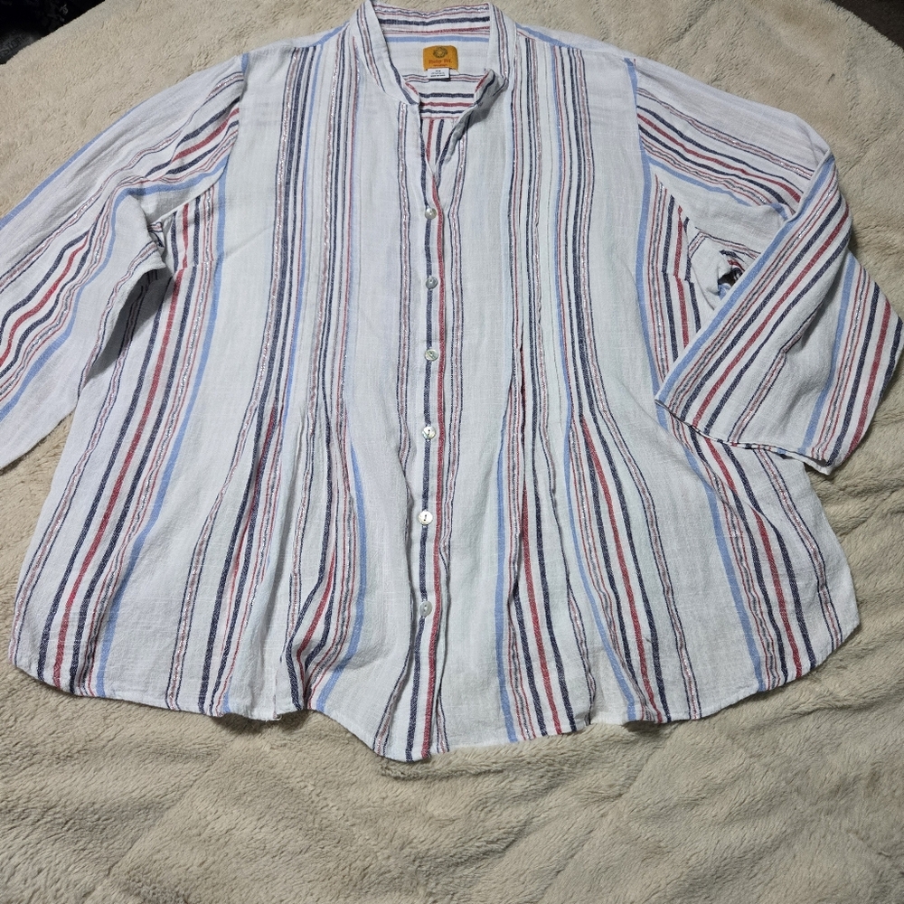 Ruby Rd. Woman White Red Blue Striped Tunic Shirt Roll Tab Pleated Plus Size 2X